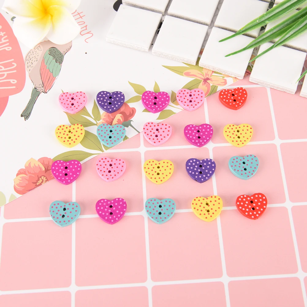 20PCS Heart Wood Sewing Button Scrapbooking Mixed Two Holes Dot Pattern 