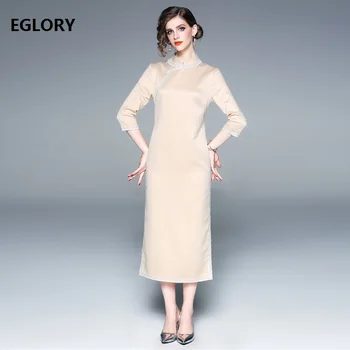 

Qipao Cheongsam Dress 2019 Spring Summer Brand Chinese Dress Women Lace Patchwork 3/4 Sleeve Mid-Calf Vintage Dress for Party