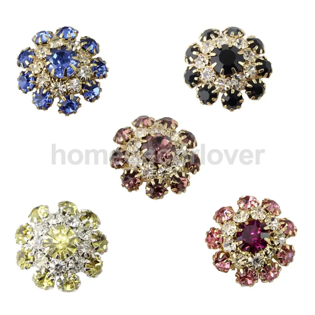5Pcs Glass Metal Rhinestone Flower Shank Buttons Crystal Beads Bulk for Hair Flower DIY Craft Decor Sewing Garments Accessory