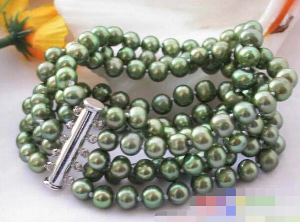 

free shipping 12637 5ROW GREEN ROUND FRESHWATER CULTURED PEARL BRACELET