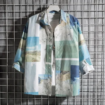 

YASUGUOJI New 2019 Summer Short Sleeve Hawaiian Shirt Streetwear Contrast Color Shirt Men Hip Pop Loose Mens Printed Shirts
