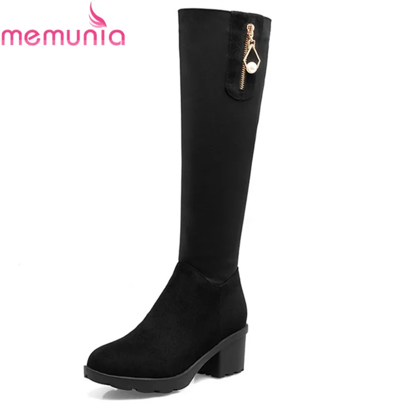 

MEMUNIA black square heel new arrive women boots fashion zipper flock crystal round toe knee high boots big size 34-43