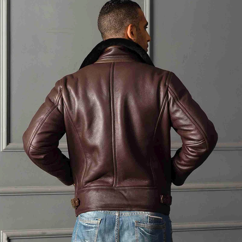 Promotion 8015 high quality super warm genuine sheep leather jacket mens big size B3 shearling bomber military fur jacket