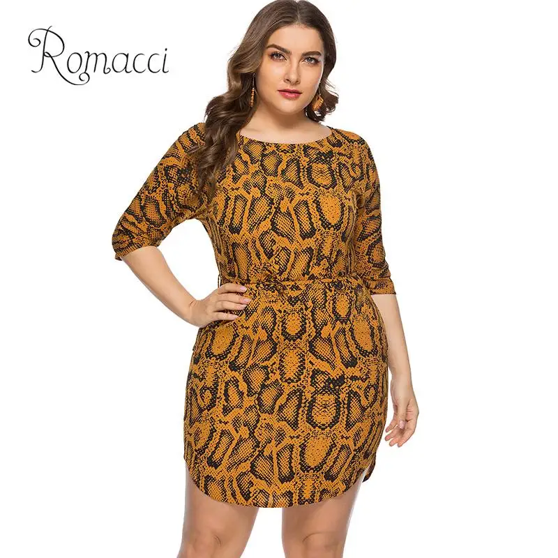 

Summer Women Plus Size Dress Snake Skin Printed O Neck Half Sleeve Bodycon Oversized Mini Dress Female Slim Office OL Dresses