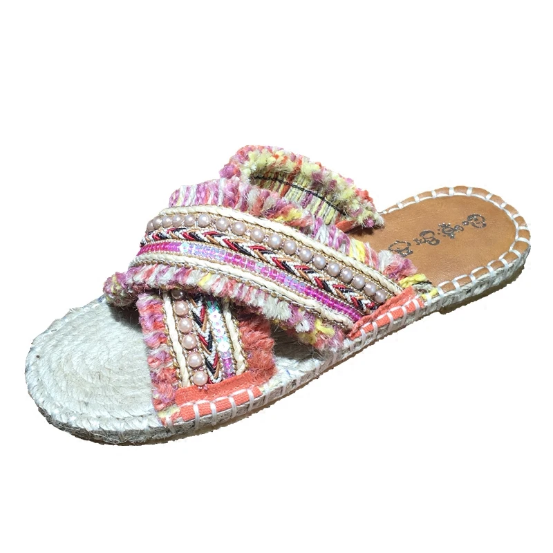 

Beach shoes female 2018 summer new national style woven linen cross-slip slippers Bohemia shoes tide