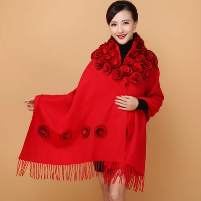 Зимний платок шарф для женщин с натуральным кроличьим мехом цветок элегантные дамские толстые накидки и обертывания Модные женские шерстяные - Цвет: red