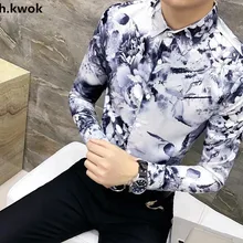 CH. Квок Для мужчин с цветочным принтом платье-рубашка с длинными рукавами осенняя одежда с цветочным узором, рубашка Для мужчин Гавайская Slim Fit банкетные вечерние свадебные рубашки