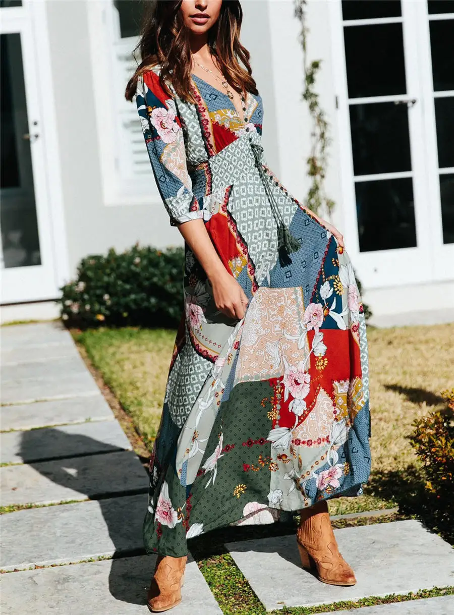 Gladiolus 2019 Spring Summer Dress Women 34 Sleeve V Neck Sexy Floral Print Bohemian Women Maxi Dress Long Beach Ladies Dresses (77)