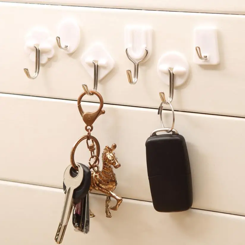 

6PCS Strong Adhesive Hook Wall Door Sticky Hanger Holder PS Stainless steel Kitchen Bathroom White Hooks Home Products Hot 40p
