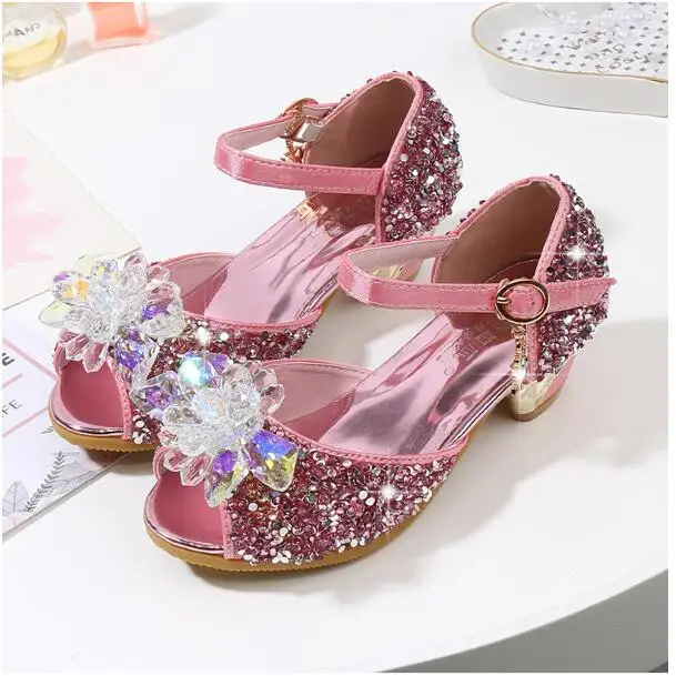 2019 Детские блестящие сандалии принцессы для девочек, свадебные туфли на квадратном каблуке, вечерние туфли фиолетового и золотого цвета