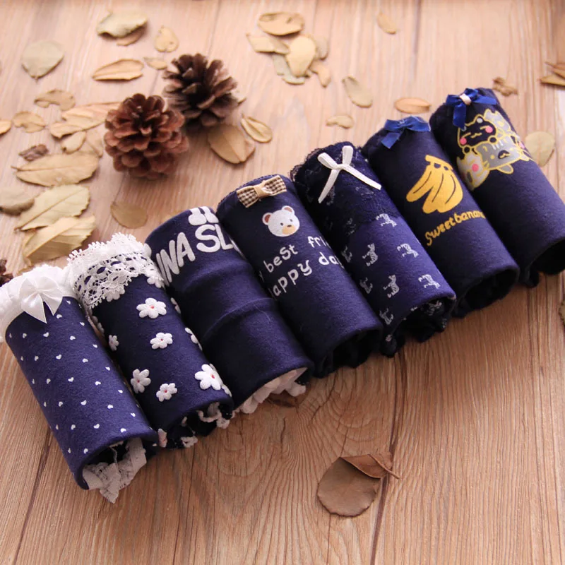 2018 Girls Underwear 7pc/lot lace lovely navy panties Bow Low Waist Briefs Young Girl teenagers Pants children students