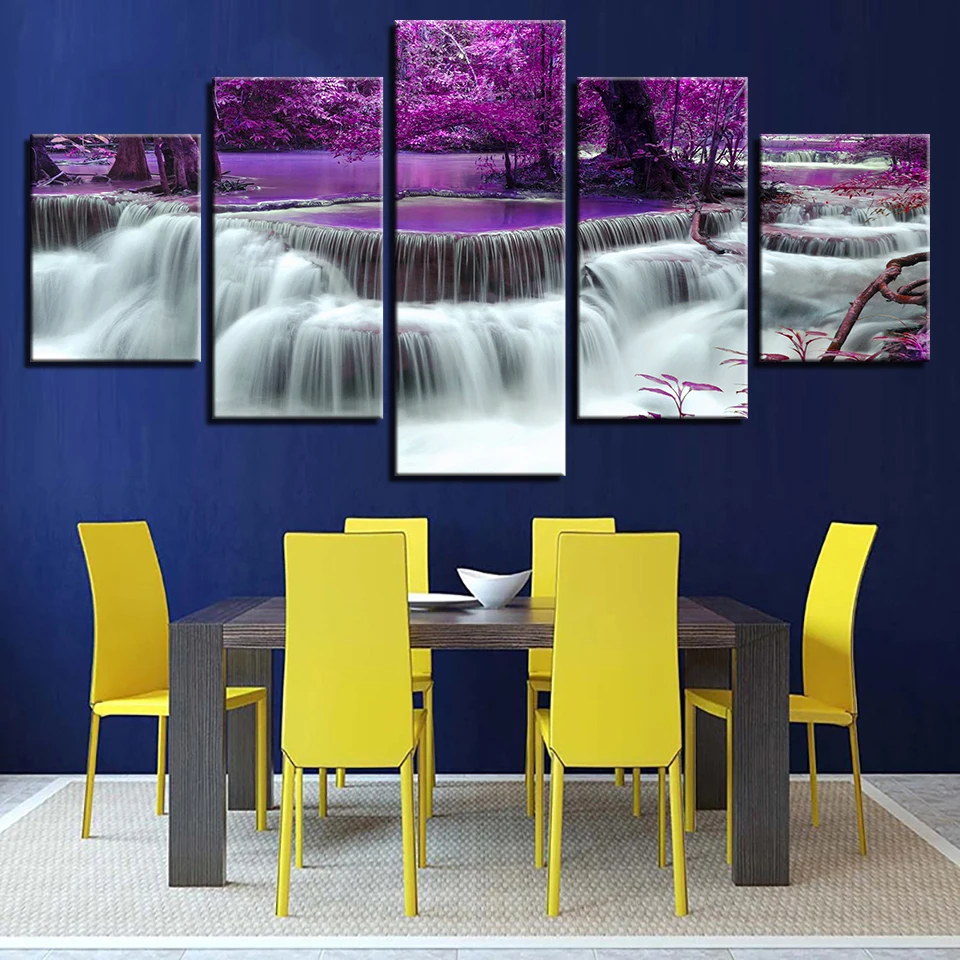 Печать на холсте плакат Декор для гостиной картина рамки 5 шт. с фиолетовым лесом дерево озеро с водопадом пейзаж картины стены искусства