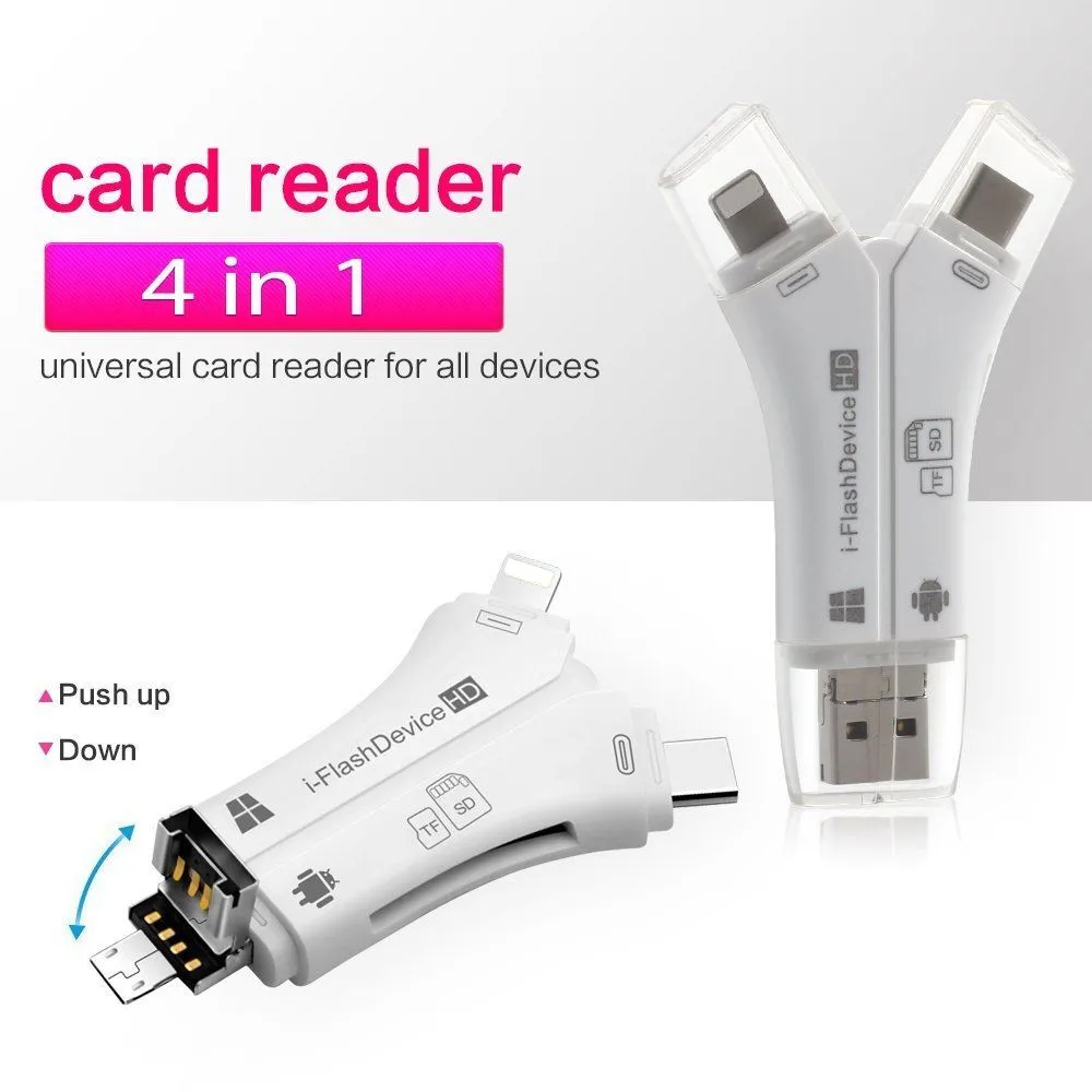 4 в 1 SD Card Reader USB Micro SD и TF Card Reader адаптер для iPhone iPad MAC Android Камера бесплатная освещения и Тип-C удлинители
