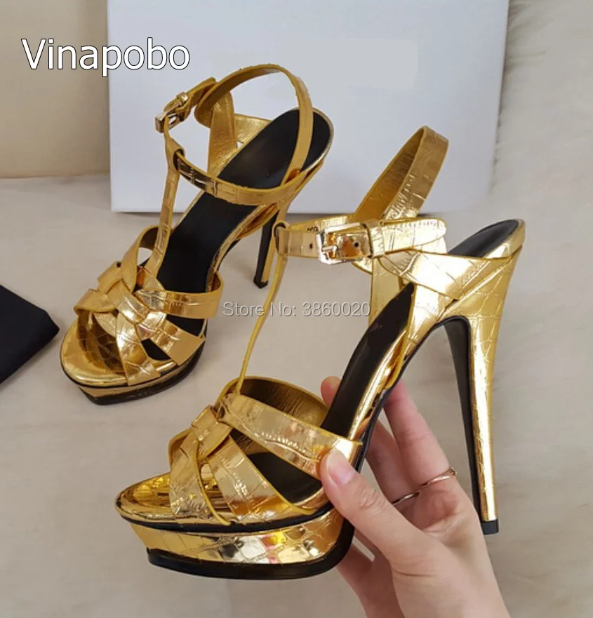

2018 Fashion Shiny Gold metal Leather Women Sandals Top Quality Corss Strap Buckles Summer Tribute Open Toe Stiletto Pumps Hot