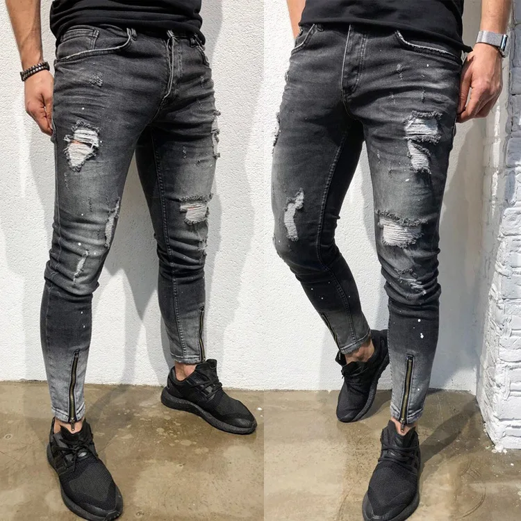 New Men Ripped holes jeans Zip skinny biker jeans black jeans with Pleated patchwork slim fit hip hop jeans men pants