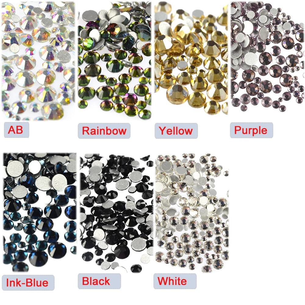 Смешанные Стразы 6 размеров, 3D украшения для дизайна ногтей, Пришивные АВ/белый/фиолетовый/желтый/радужный/чернильный синий/черный драгоценный камень CH309