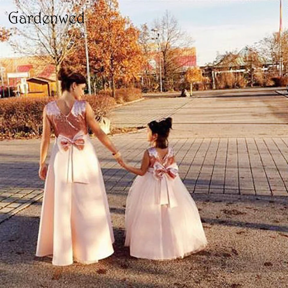 Новое поступление, розовое платье с цветочным узором и пайетками для девочек Vestidos de Primera Comunion 2019, без рукавов, длина до пола, большой бант с