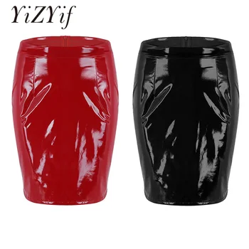 

YiZYiF Womens Skirts Ladies Shiny Wet Look Skirts PU Leather Bodycon Knee-Length Skirts Party Nightwear Clubwear Sexy Skirts
