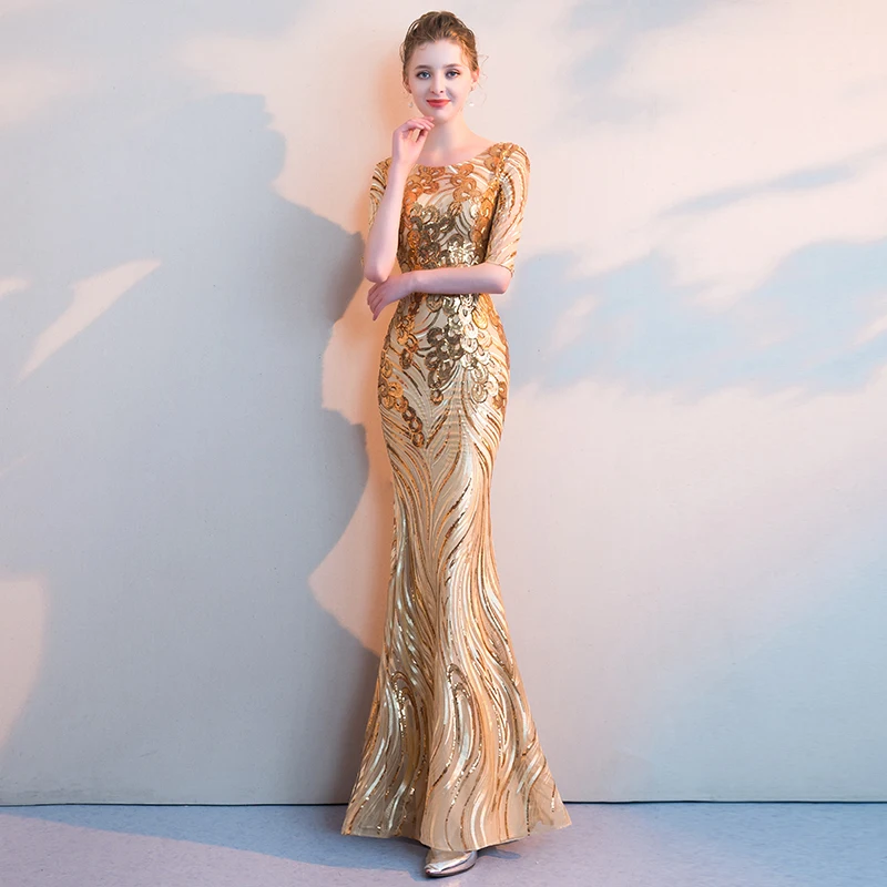 

Women's Elegant Mermaid Gold Sequins Dress Short Sleeve Mermaid Evening Dresses Party Long Prom Dress LF356