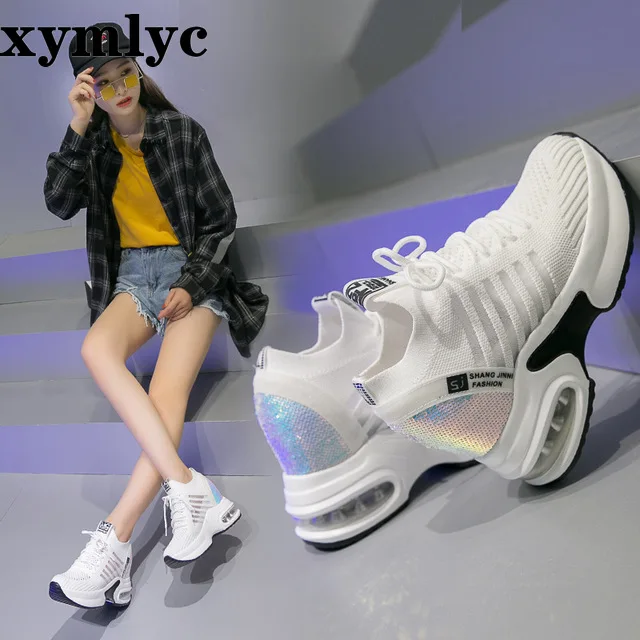 Fashion Spring Women Bling Shoes Mesh Wedge Sneakers Summer Breathable Casual Shoes Woman Round head casual shoes