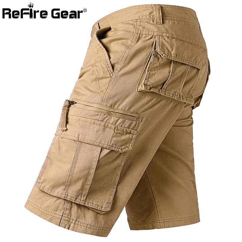 

ReFire Gear Summer Tactical Cargo Shorts Men Cotton Multi pockets Army Combat Shorts Male Rip-Stop Breathable Casual Short Pants