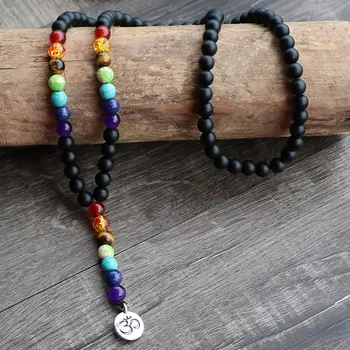 

Fashion Women Jewelry Long Necklace Women Ohm Nature Stone Pendant Meditation Necklace Bead Yoga 7 Chakra Necklace