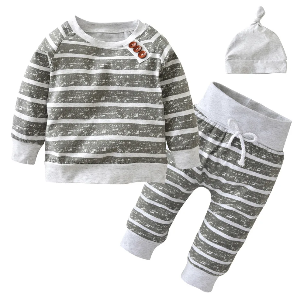 

Newborn Infant Clothes Baby Boy Girls Fashion Stripes Clothing Sets 100%Cotton Long sleeve T-shirt Pants With Hat 3Pcs Toddler O