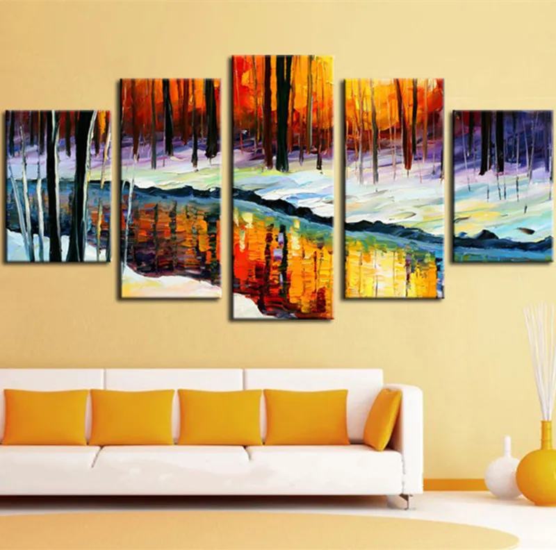 

Modern Home Decor Wall Arts Large 5 Panel Painting Winter River Pictures Hand-painted Abstract Landscape Oil Paintings on Canvas