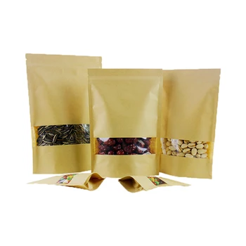 

50 pcs stand up pouch Brown Kraft Paper Self-sealing with window Bags customizable Packaging reusable bag candy tea nut cereal