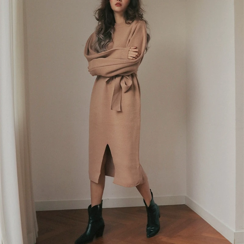 

HAYBLST Brand Women Sweater Dress 2019 New Autumn Winter Fashion Solid Bowknot Stretch Clothing Korean Knitting Loose Lady Dress