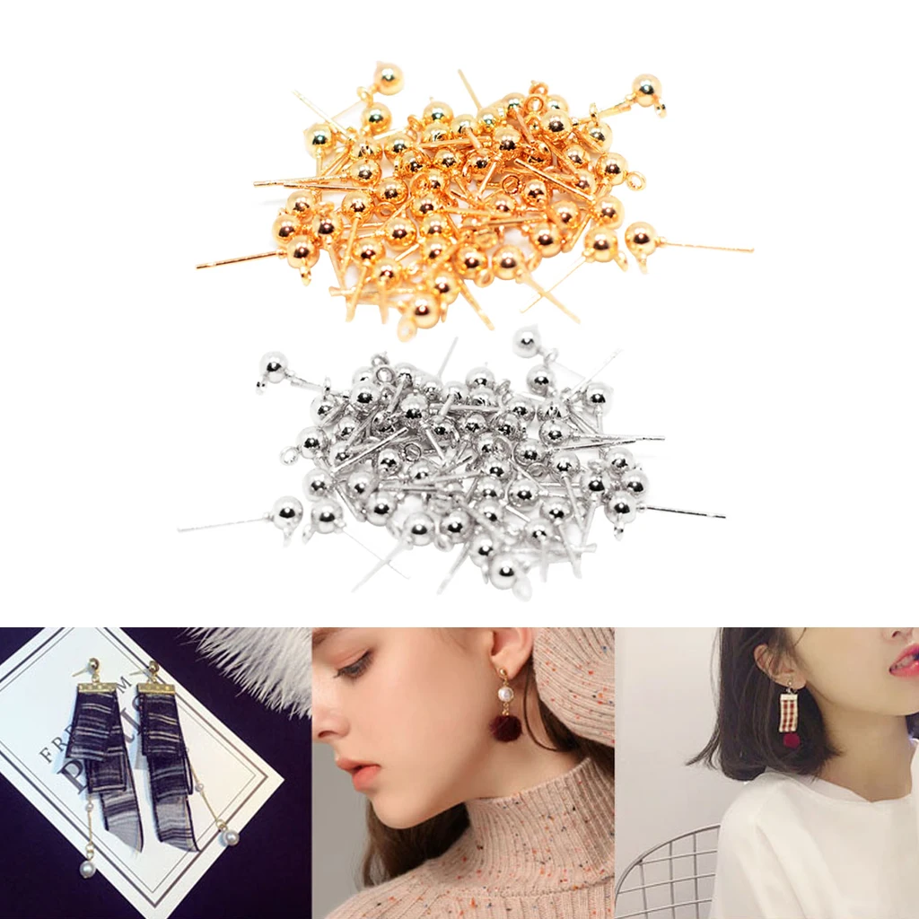 100pcs Copper plated Ball Earring Posts Stud Earring Findings Gold