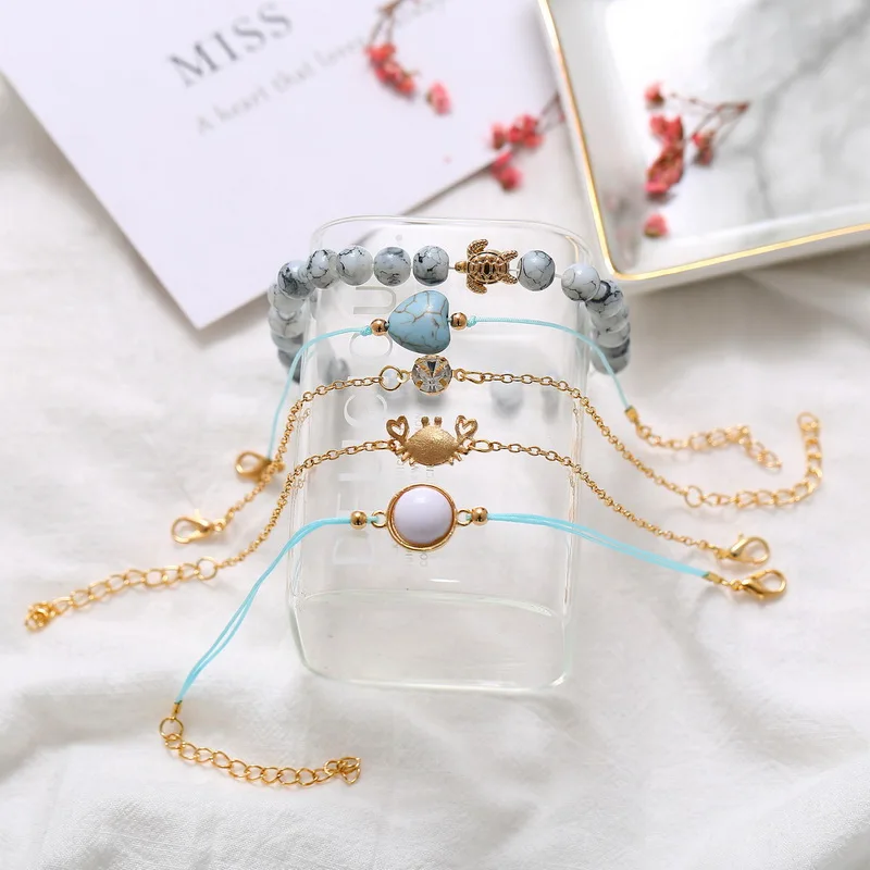 

5Pcs Multilayer Bracelets Set Crab Turtle Heart Crystal Round Gem Beads Pendant Chain Leather Bracelet for Women Girls Jewelry
