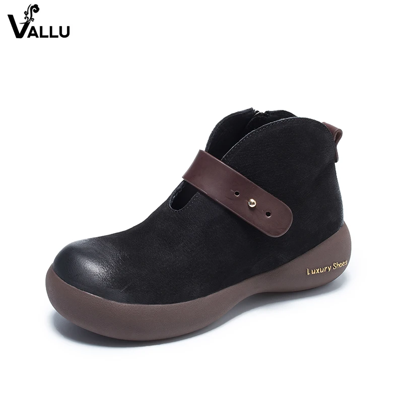 

VALLU Luxury Shoes Woman Button Strap Lady Short Boots Round Toe Cow Leather Platform Shoes Female Factory Heel Booties