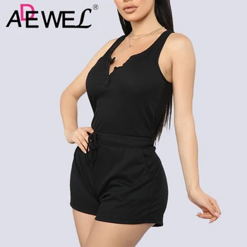

ADEWEL Summer Playsuits Women Jumpsuit Short Cotton Casual Black Tank Sleeves Peplum Waist Romper Boho Short Overalls Macacao