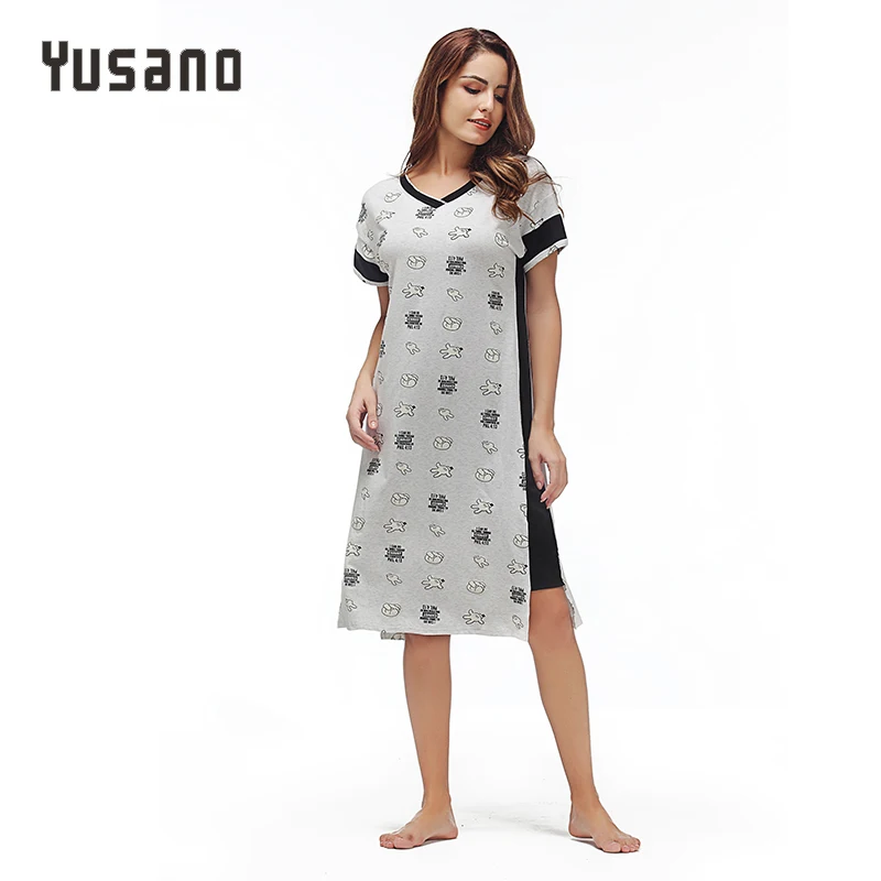 Yusano Cotton Nightgowns for Women V-Neck Nightshirt Short Sleelve Sleep Dress Cute Printed Sleepshirt Casual Nightwear