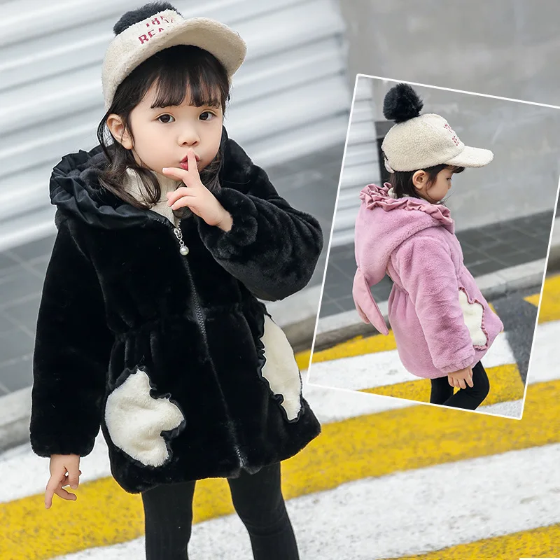 

2018 New Baby Girl Fashion Cute Rabbit Hooded Fleece Coat Winter Warm Fur Thick Outerwear Sweet Jacket Kids Clothes 3~10Year