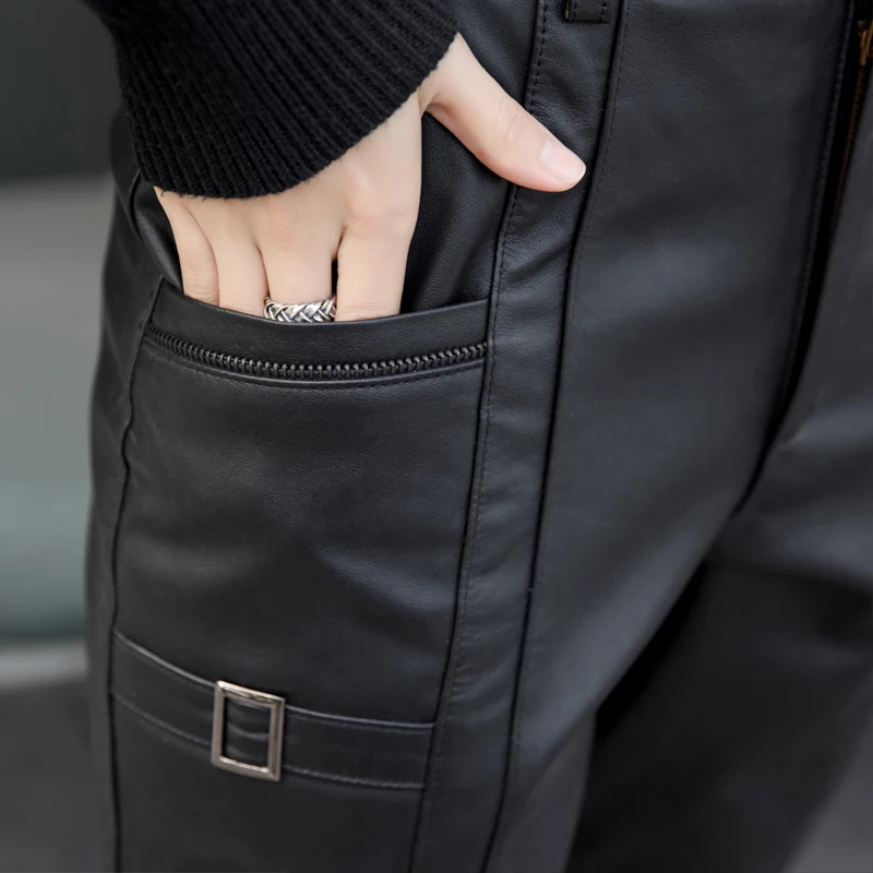 New Plus Size S-4XL Women Slim Real Leather Pants Buckle Quality Cowhide Motorcycle Trousers High Waist Full Length Pencil Pants