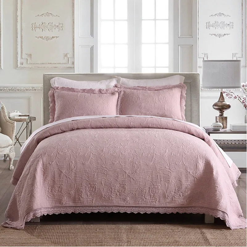 

3pcs solid color 100%cotton embroidered patchwork quilt full queen size crochet lace bed cover bedspread free shipping LT