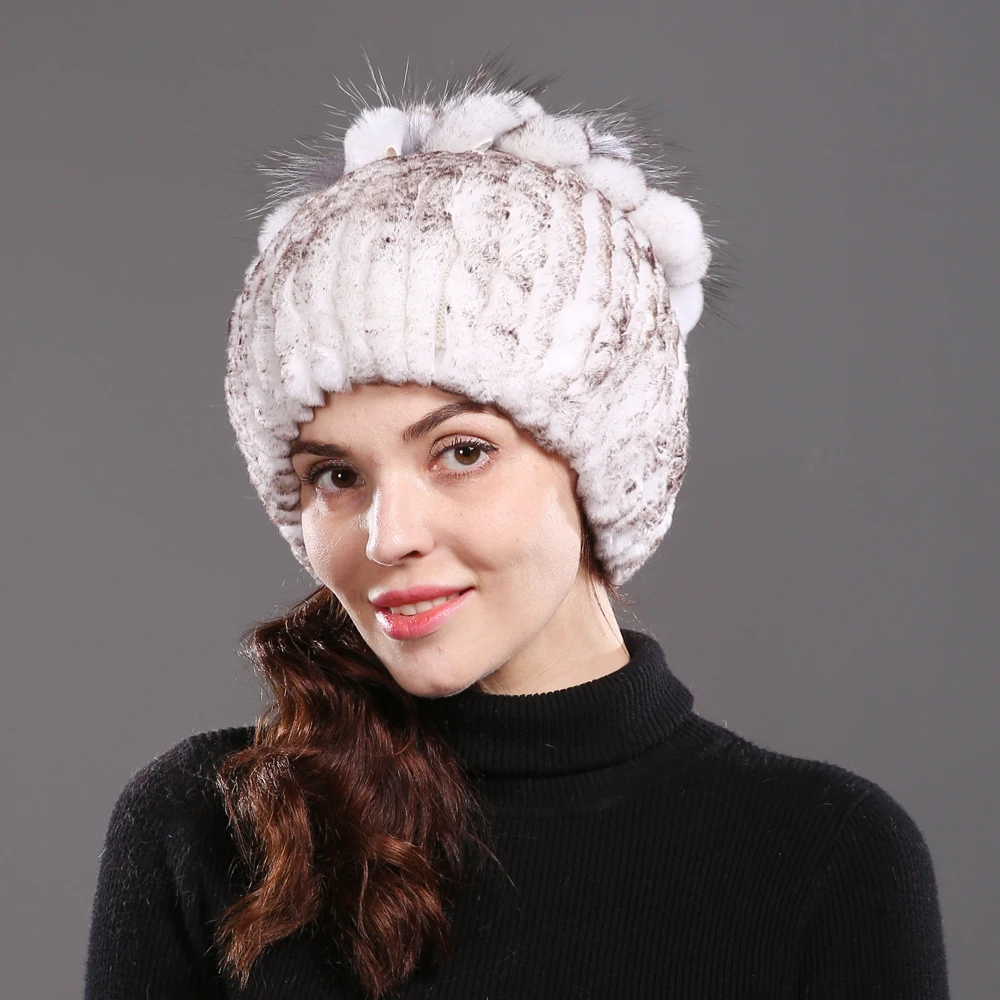 Горячая Распродажа Настоящий мех кролика Skullies Beanies шапки женские зимние теплые ручной работы вязаная шапка из меха кролика рекс для девочек натуральный Лисий мех шапка