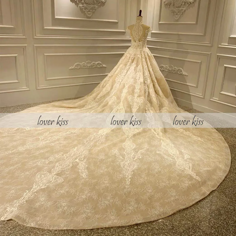 Lover Kiss Vestido De Noiva Роскошные кружевное платье с высокой горловиной свадебное платье цвета шампань Кепки рукава бисерные аппликации свадебные