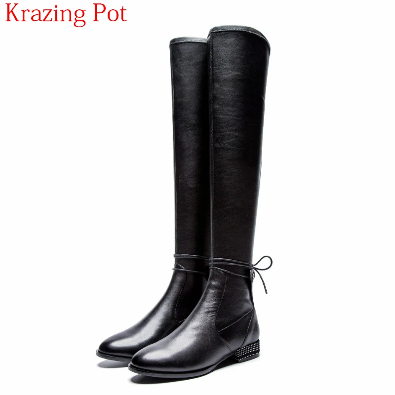 

2018 New Arrival Genuine Leather Crystal Sweet Med Heels Round Toe Thigh High Boots Keep Warm Riding Over-the-knee Boots L09