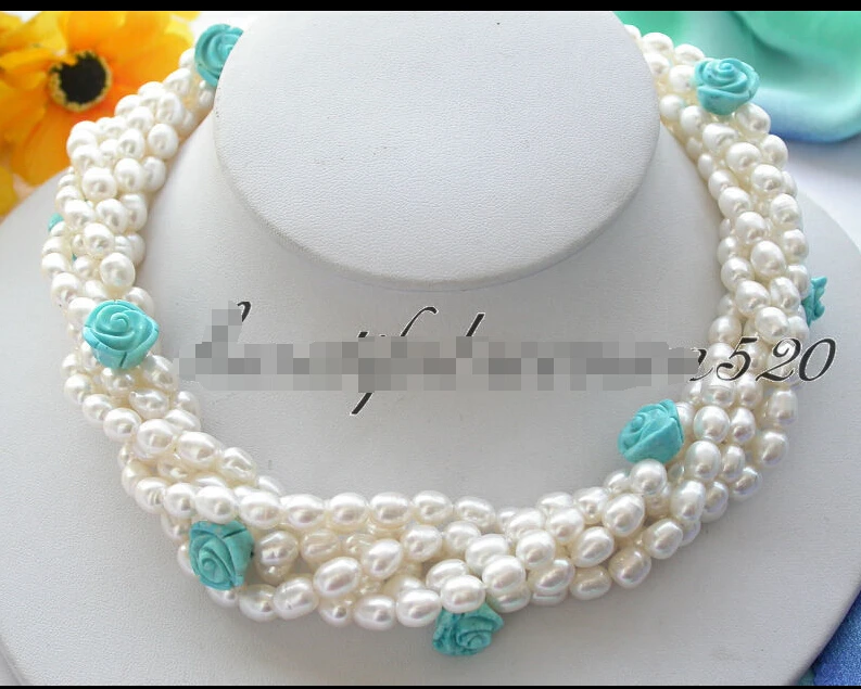 

FREE SHIPPING>>@> Fast > Z3258 NICE 6ROW WHITE RICE FW PEARL turquoise flower NECKLACE NEW