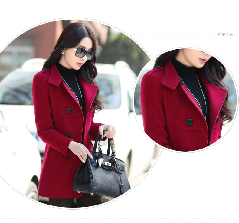 2018  Autumn and winter new female woolen coat short Korean version of the slim slimming lapel double-breasted woolen coat female tide (3)