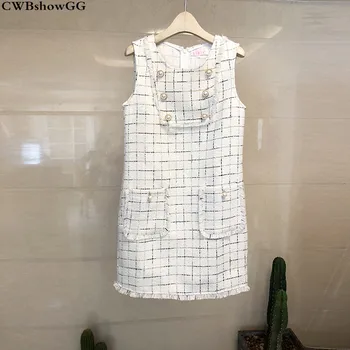 

CWBshowGG Spring and autumn new tweed simple wild fashion tassel patchwork sleeveless vest round neck mini white bodycon dress