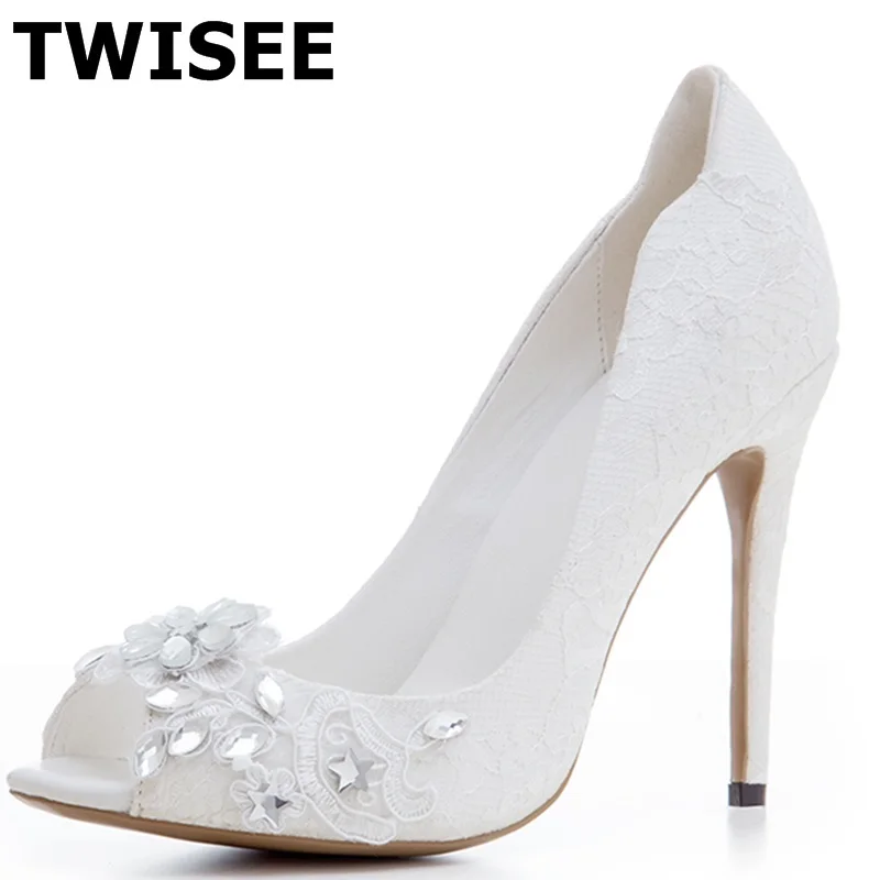 

sapatos de salto alto wedding Pumps shoes hot selling fashion peep toe casual crystal thin high heels 12 cm Sweet white