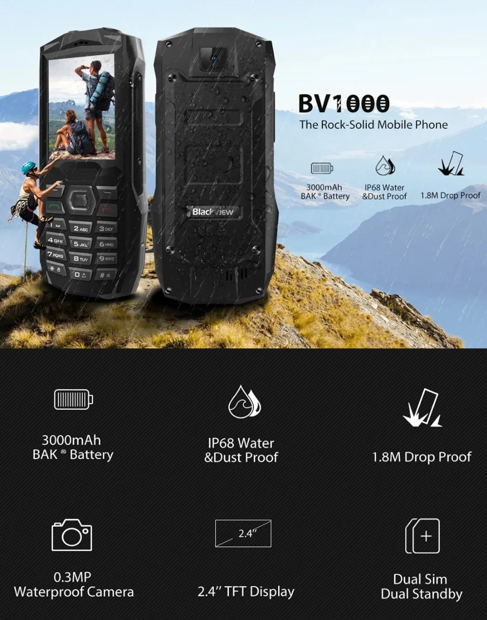 Blackview a BV1000 resistente teléfono móvil IP68 impermeable a prueba de polvo a prueba de golpes a prueba de 3000 mAh 2,4 pulgadas FM Bluetooth GSM 2G Dual SIM teléfono Móvil