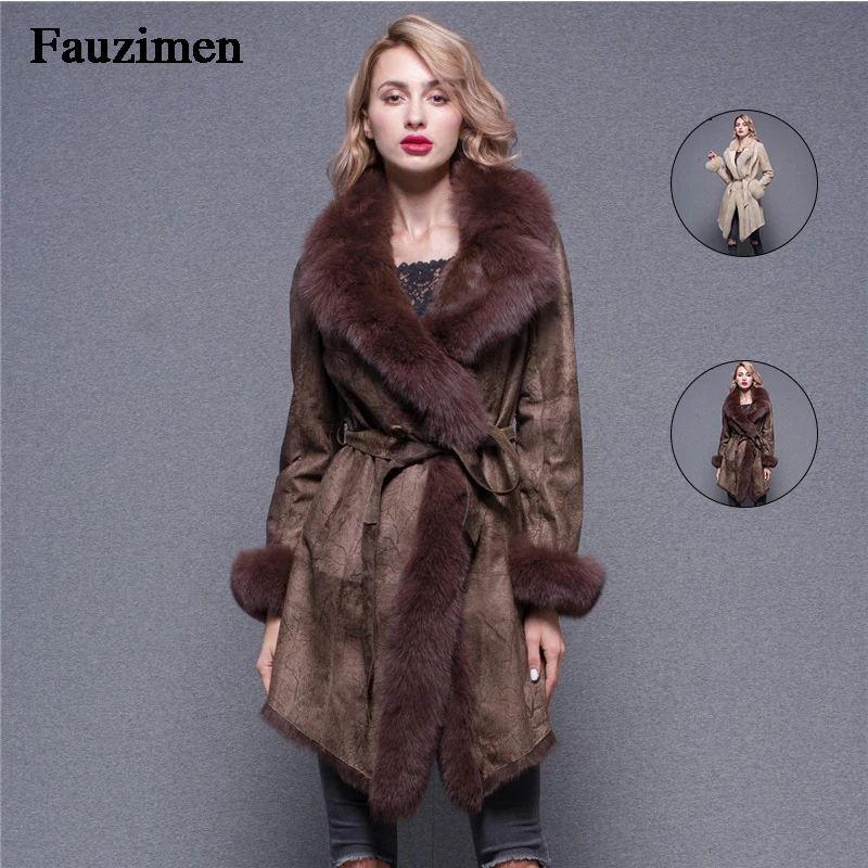 

Women Sheepskin Real Fox Fu Coat Genuine Leather With Long Trim Made Of ur Jackets With Belt
