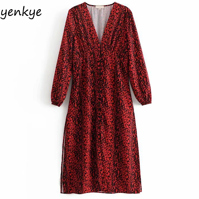 

Winter Women Vintage Animal Print Dress Lady V Neck Long Sleeve Sexy Slits A-line Long Leopard Dress robe longue DJF6565