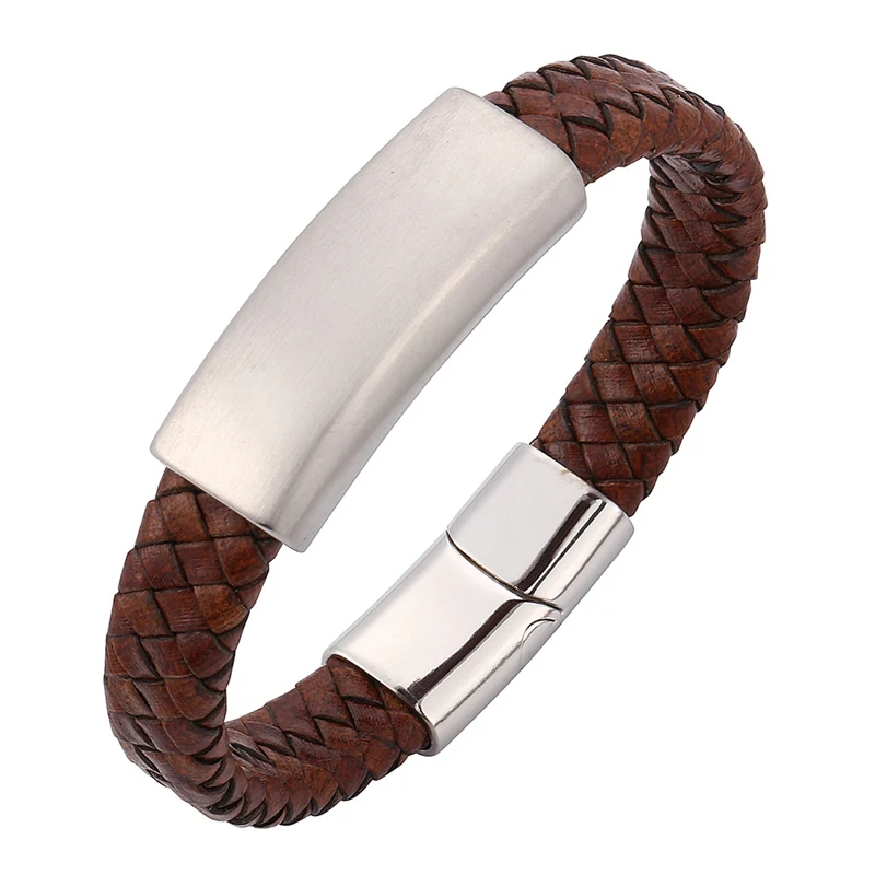 

Trendy Jewelry Men Brown Braided Leather Handmade Bracelet Male Stainless Steel Wristband Punk Magnetic Buckle Bangles SP0319