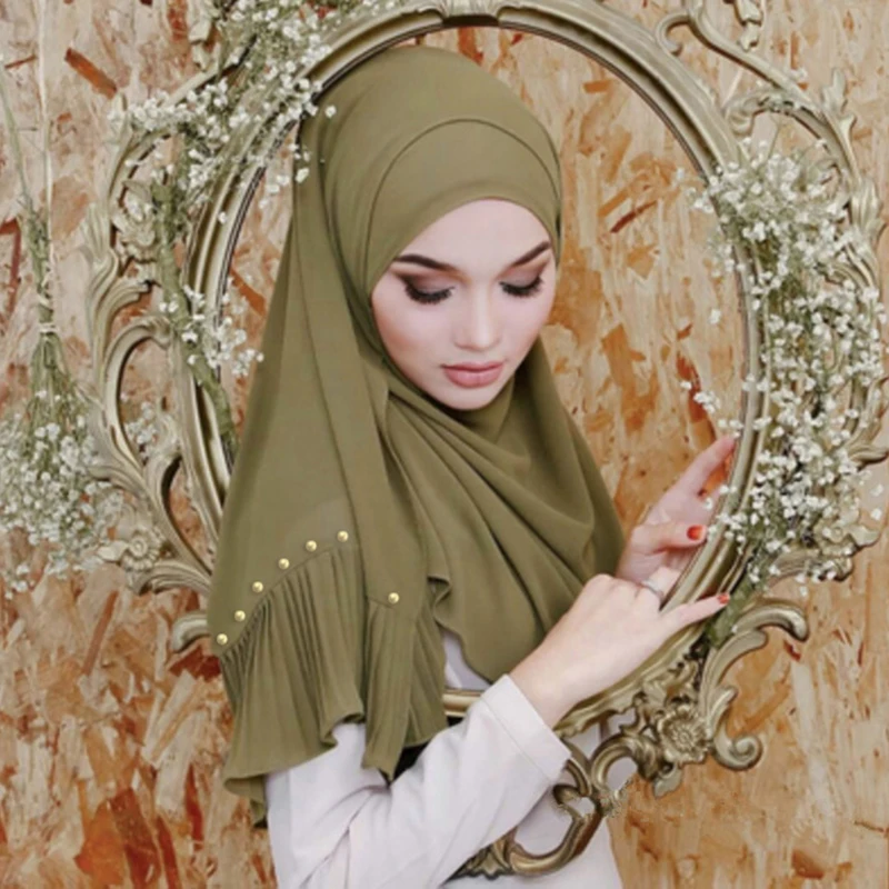 

NEW Women Shiny Pearls Beaded Scarf Crinkle Shawl Fashion Muslim hijabs Female Wrap Hijab Islamic Scarves Shawls